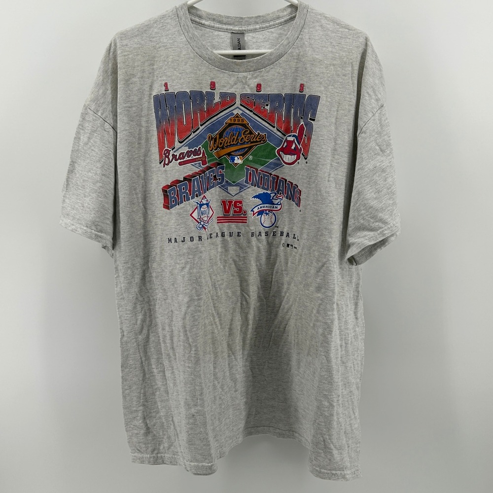 Vintage 1995 World Series Braves vs Indians MLB T-Shirt Gray 2XL Gildan Sporty